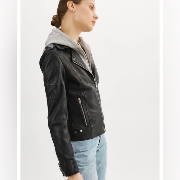Lamarque ANNA LEATHER BIKER black JACKET Gray Hoodie lambskin ladies medium - Picture 4 of 11